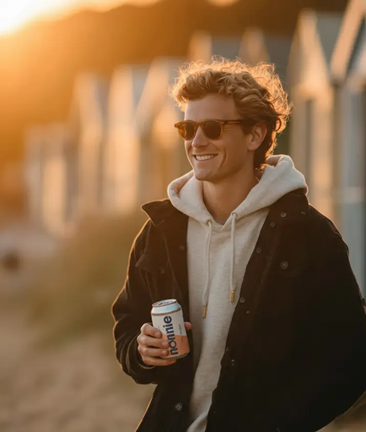 Man on beach with a nonnie beer